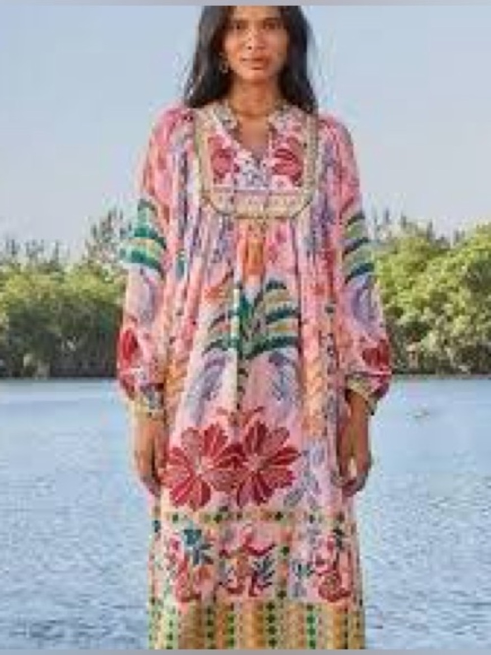 FARM RIO Pink Fruits Queen Scarf Midi
Dress Boho Floral Tropical XL Beaded Flowy - Picture 2 of 15